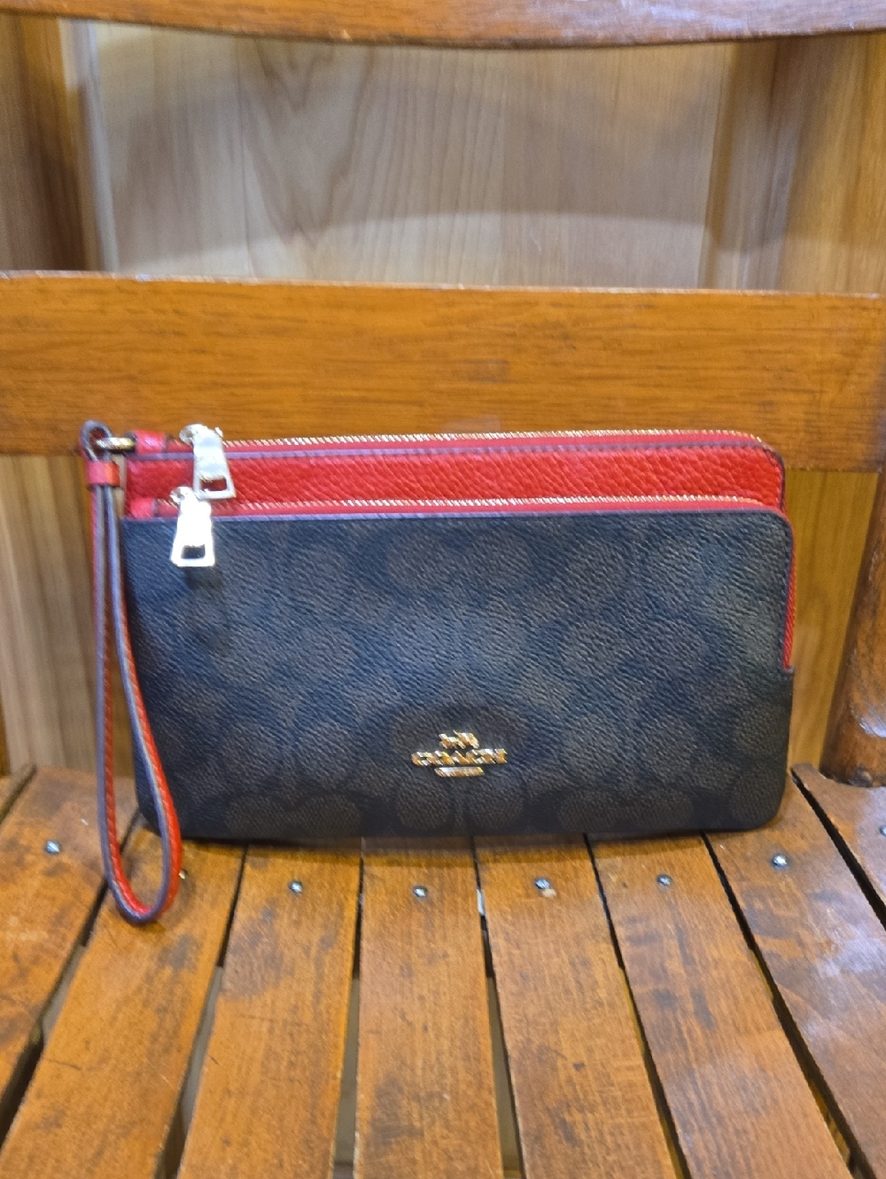 Coach Double Zip Wristlet/Wallet In Dark Brown And Red